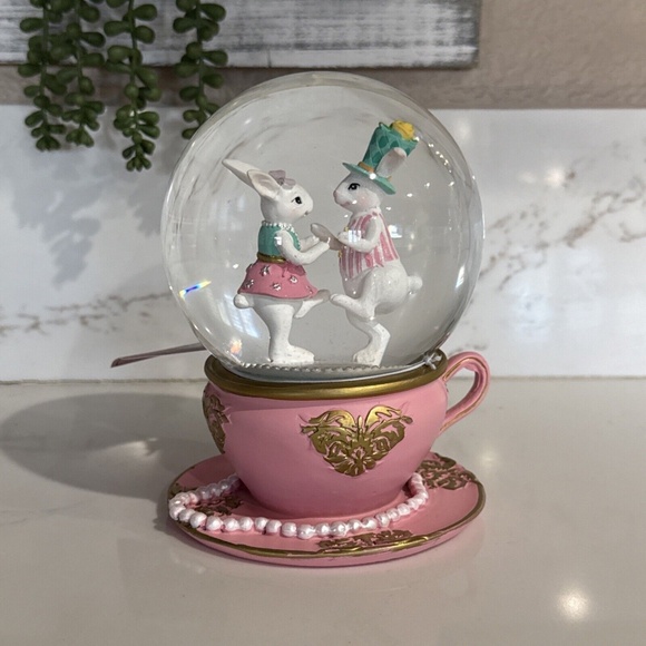 Pink Tea Cup & Saucer Easter Rabbit Snow Globe - Picture 1 of 4